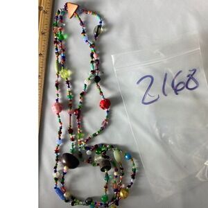 Vintage Multi Strand Seed Bead Necklace Boho Eclectic Mixed Media Glass Wood 34"